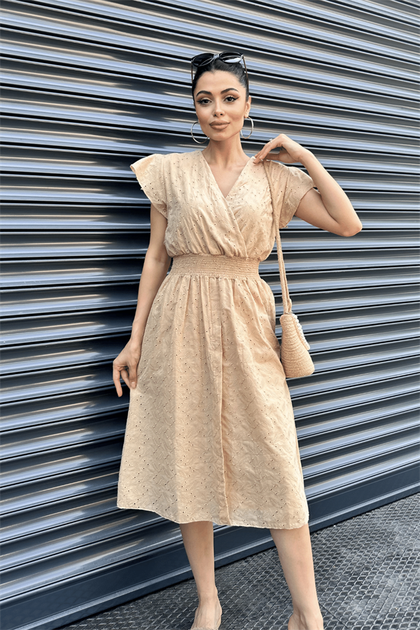 Fisto Kumaş Kruvaze Yaka Elbise - KREM