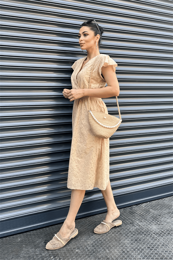 Fisto Kumaş Kruvaze Yaka Elbise - KREM