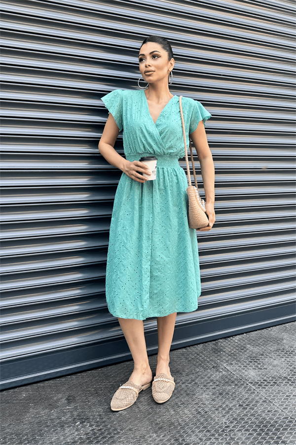 Fisto Kumaş Kruvaze Yaka Elbise - YEŞİL