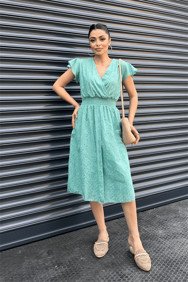 Fisto Kumaş Kruvaze Yaka Elbise - YEŞİL