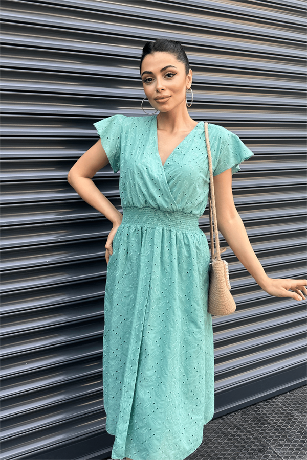 Fisto Kumaş Kruvaze Yaka Elbise - YEŞİL