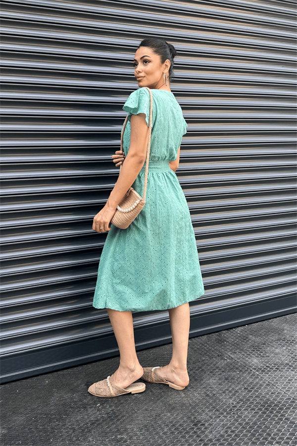 Fisto Kumaş Kruvaze Yaka Elbise - YEŞİL