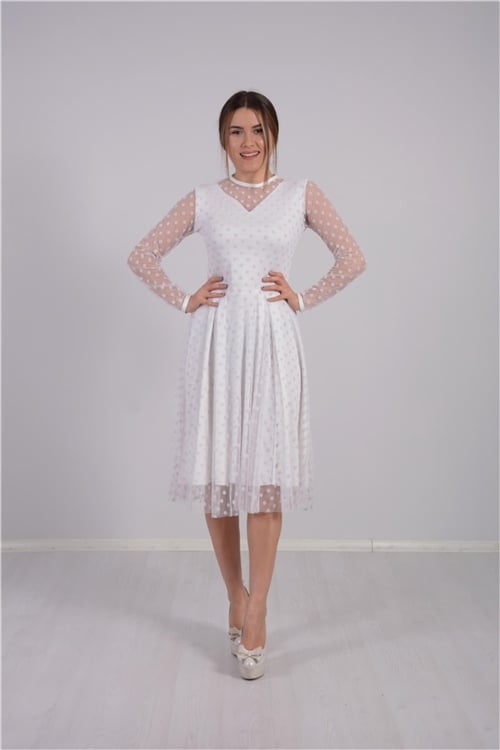 فستان ميدي بطبقة من التول المنقط - أبيض