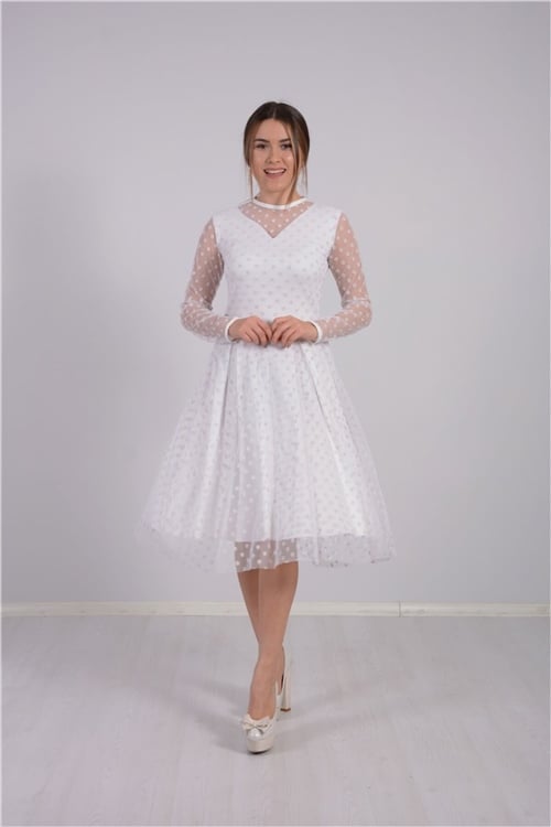 فستان ميدي بطبقة من التول المنقط - أبيض