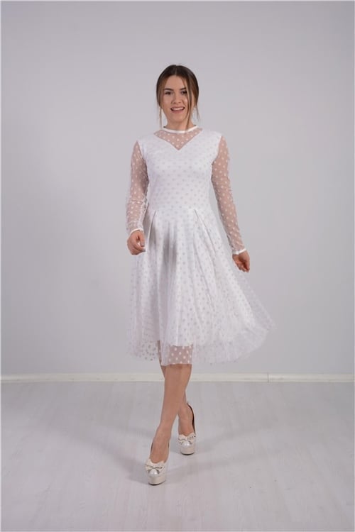 فستان ميدي بطبقة من التول المنقط - أبيض