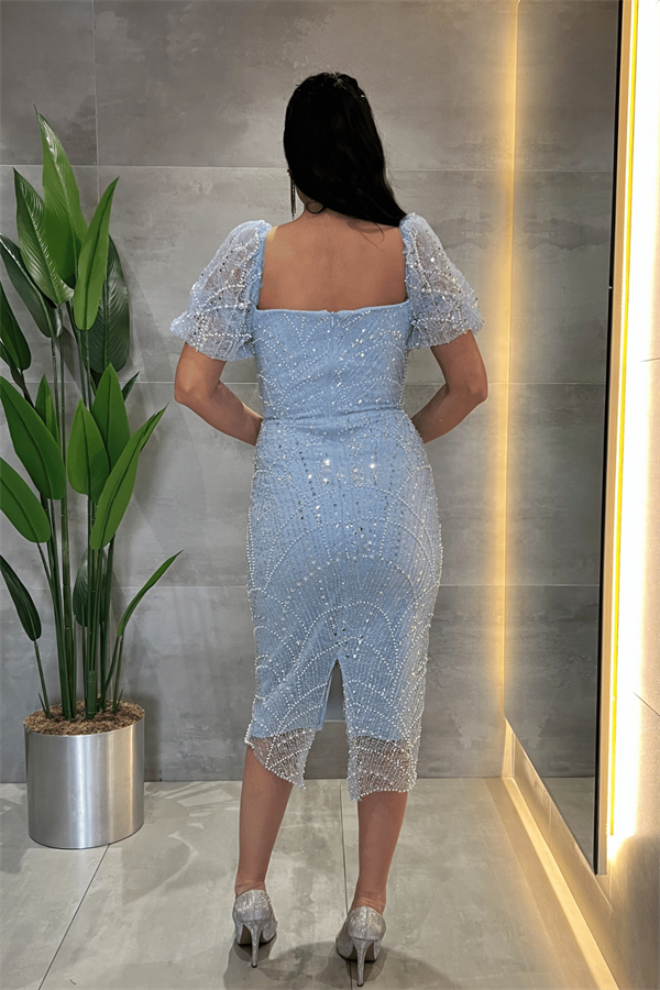 Ful Boncuklu Kare Yaka Kalem Elbise - BEBE MAVİSİ