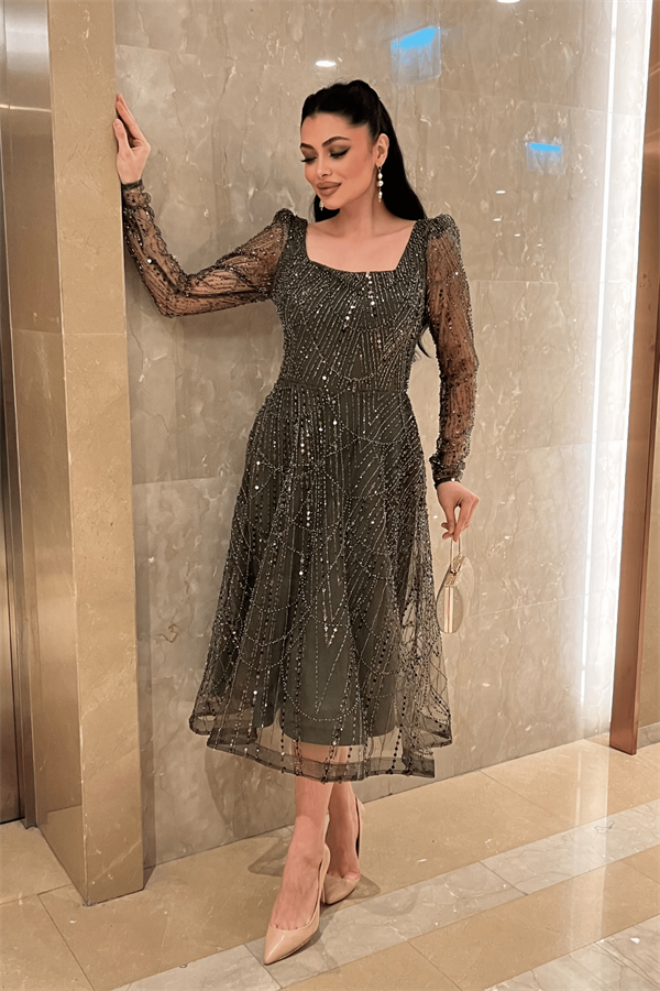 Ful Boncuklu Kare Yaka Midi Elbise - HAKİ YEŞİLİ