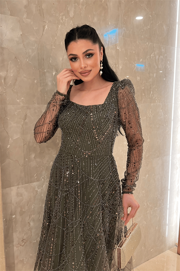 Ful Boncuklu Kare Yaka Midi Elbise - HAKİ YEŞİLİ