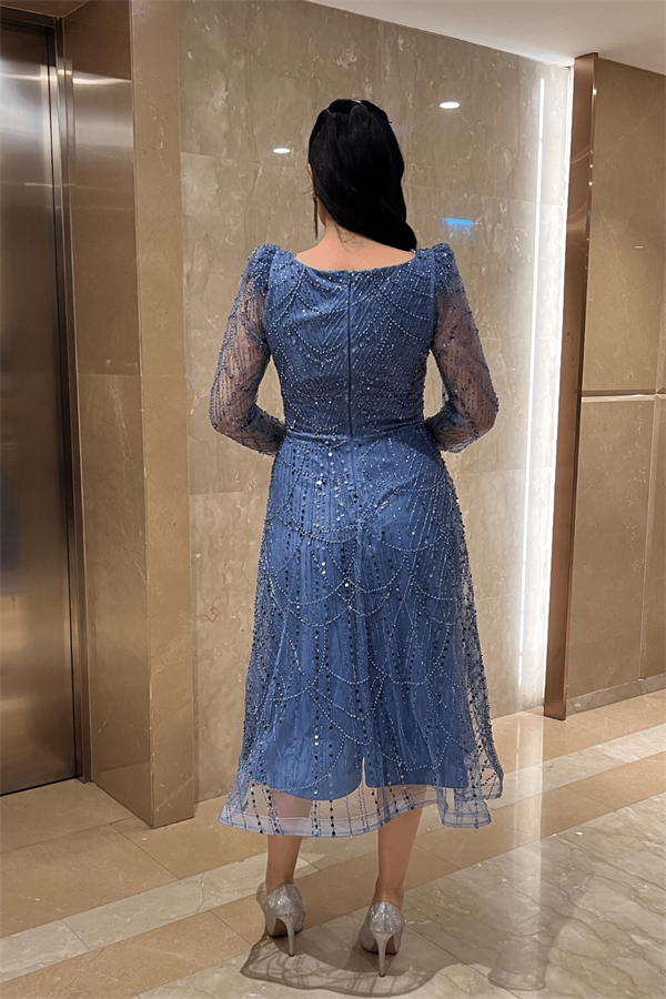 Ful Boncuklu Kare Yaka Midi Elbise - İNDİGO MAVİ