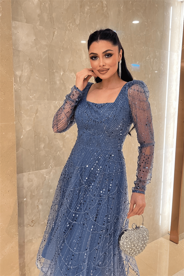 Ful Boncuklu Kare Yaka Midi Elbise - İNDİGO MAVİ