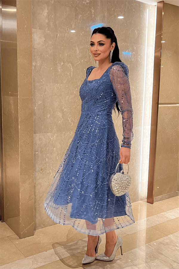 Ful Boncuklu Kare Yaka Midi Elbise - İNDİGO MAVİ