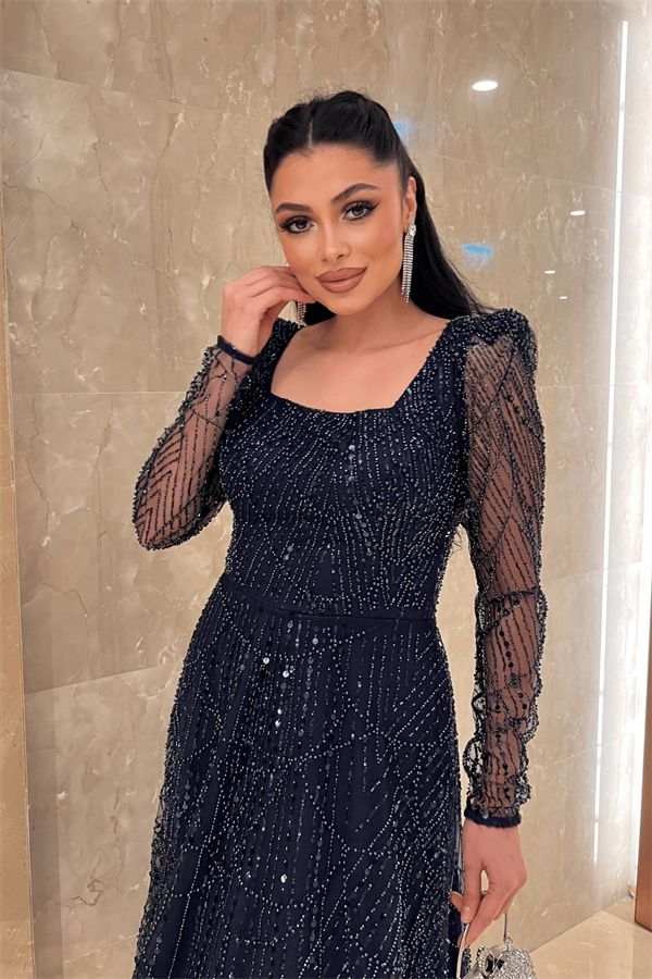 Ful Boncuklu Kare Yaka Midi Elbise - LACİVERT