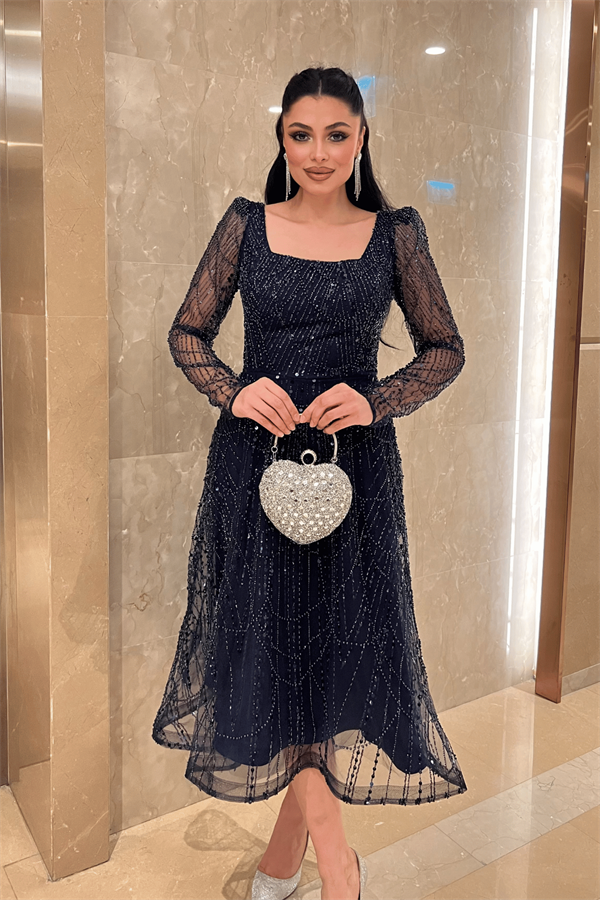 Ful Boncuklu Kare Yaka Midi Elbise - LACİVERT