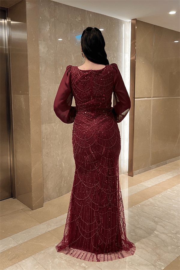 Ful Boncuklu Kolları Şifon Elbise - BORDO
