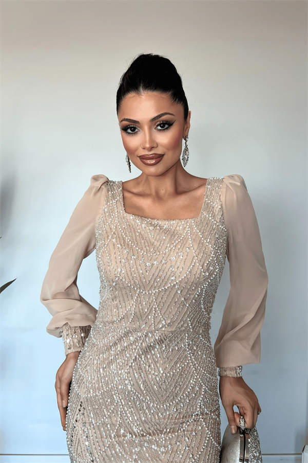 Ful Boncuklu Kolları Şifon Elbise - GOLD