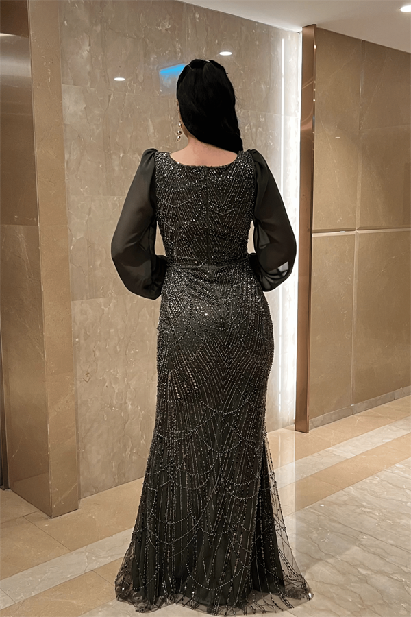 Ful Boncuklu Kolları Şifon Elbise - HAKİ YEŞİLİ