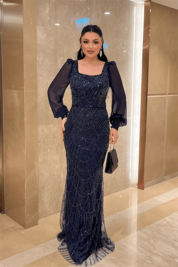Ful Boncuklu Kolları Şifon Elbise - LACİVERT