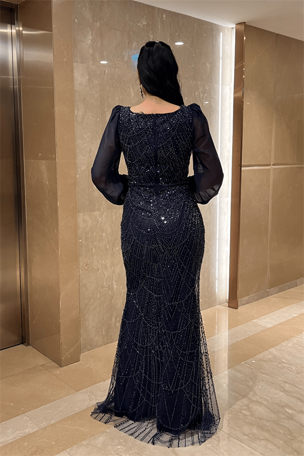 Ful Boncuklu Kolları Şifon Elbise - LACİVERT