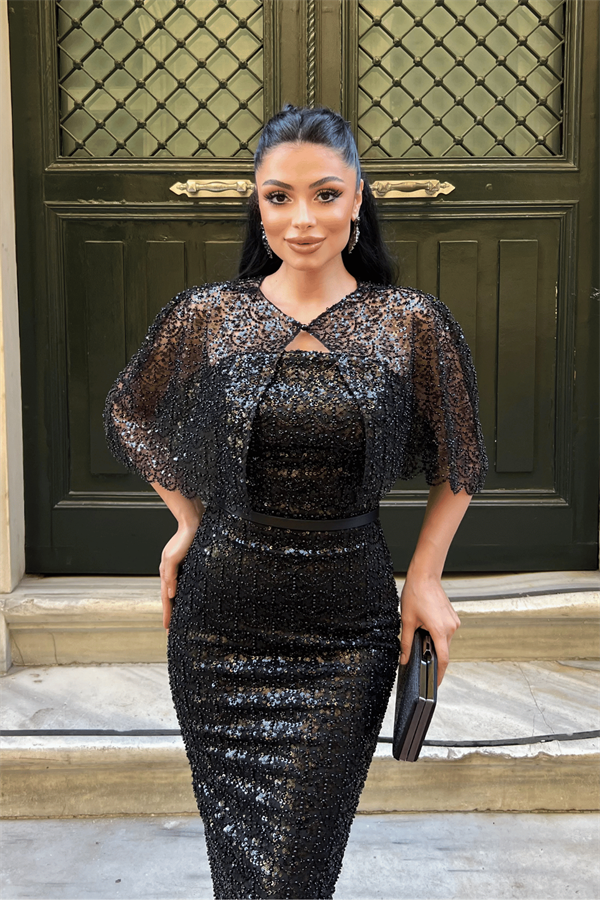 Ful Boncuklu Kumaş Bolero Detaylı Kalem Elbise - SİYAH