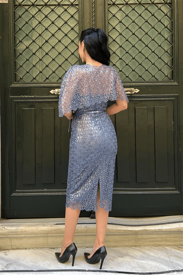 Ful Boncuklu Kumaş Bolero Detaylı Kalem Elbise - İNDİGO MAVİ