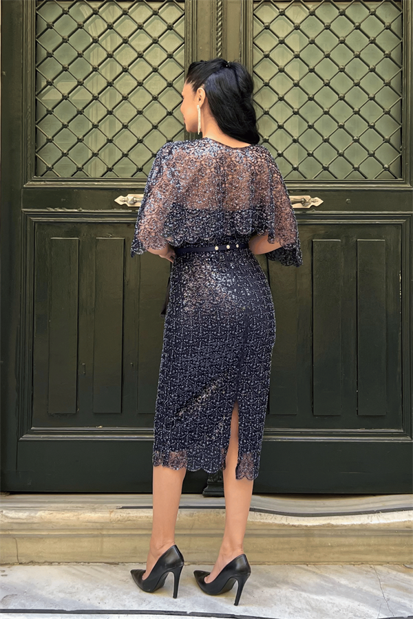 Ful Boncuklu Kumaş Bolero Detaylı Kalem Elbise - LACİVERT