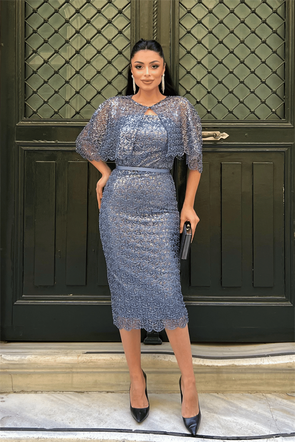 Ful Boncuklu Kumaş Bolero Detaylı Kalem Elbise - İNDİGO MAVİ