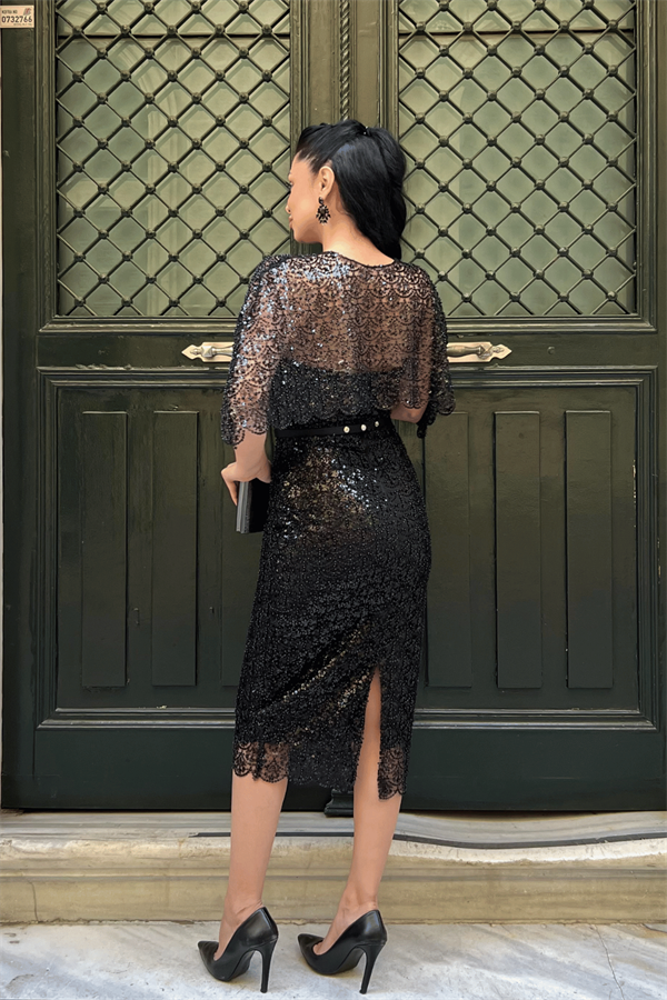 Ful Boncuklu Kumaş Bolero Detaylı Kalem Elbise - SİYAH