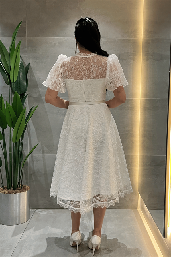 Ful Dantel Kumaş Balon Kol Midi Elbise - BEYAZ