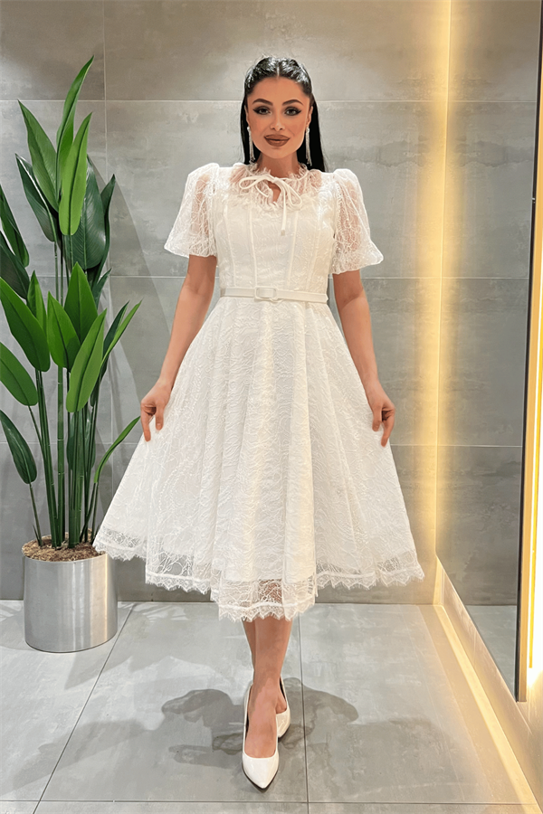 Ful Dantel Kumaş Balon Kol Midi Elbise - BEYAZ