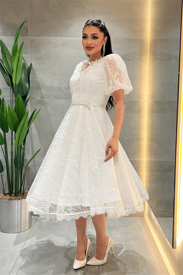 Ful Dantel Kumaş Balon Kol Midi Elbise - BEYAZ