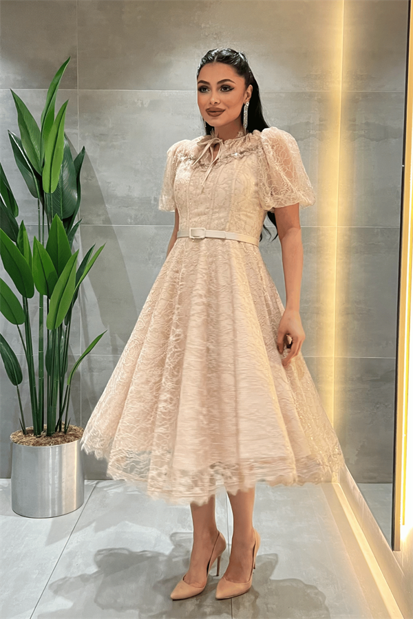 Ful Dantel Kumaş Balon Kol Midi Elbise - KREM