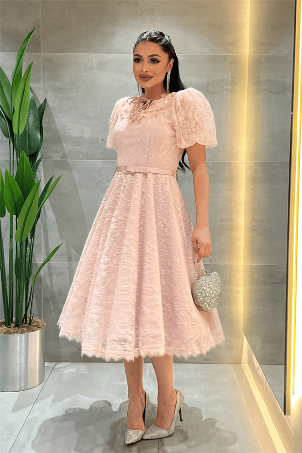 Ful Dantel Kumaş Balon Kol Midi Elbise - PUDRA