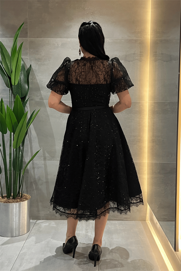 Ful Dantel Kumaş Balon Kol Midi Elbise - SİYAH