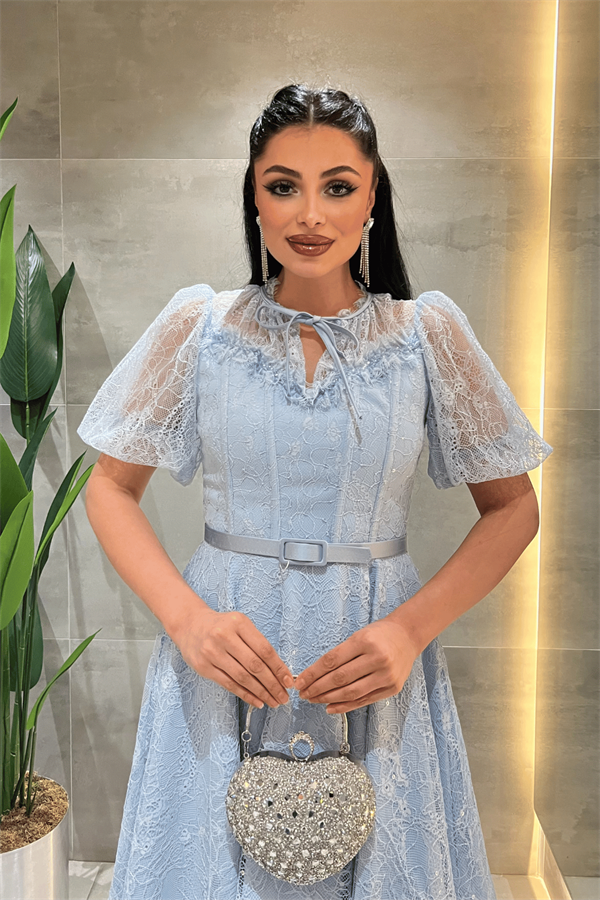 Ful Dantel Kumaş Balon Kol Midi Elbise - BEBE MAVİSİ
