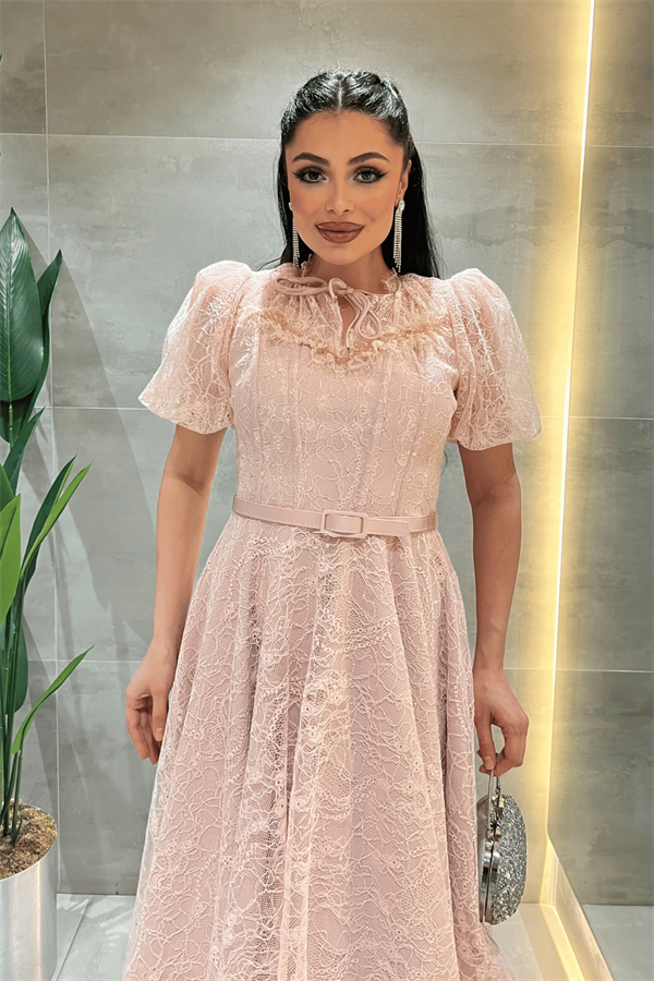 Ful Dantel Kumaş Balon Kol Midi Elbise - PUDRA