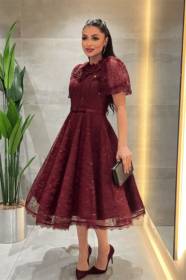 Ful Dantel Kumaş Balon Kol Midi Elbise - BORDO