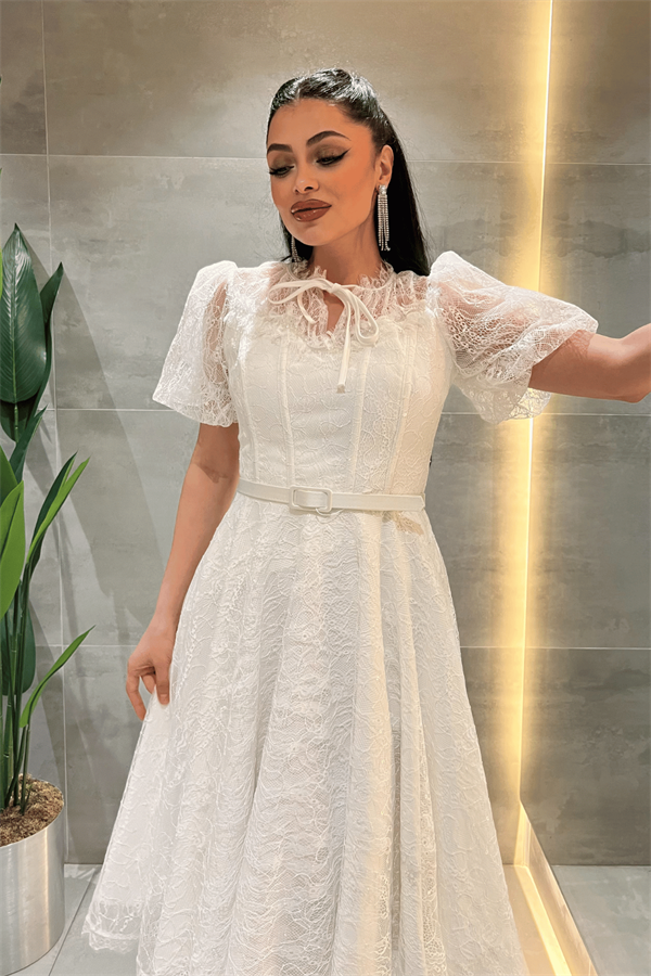 Ful Dantel Kumaş Balon Kol Midi Elbise - BEYAZ