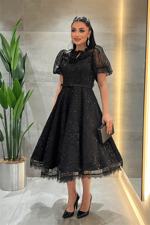 Ful Dantel Kumaş Balon Kol Midi Elbise - SİYAH