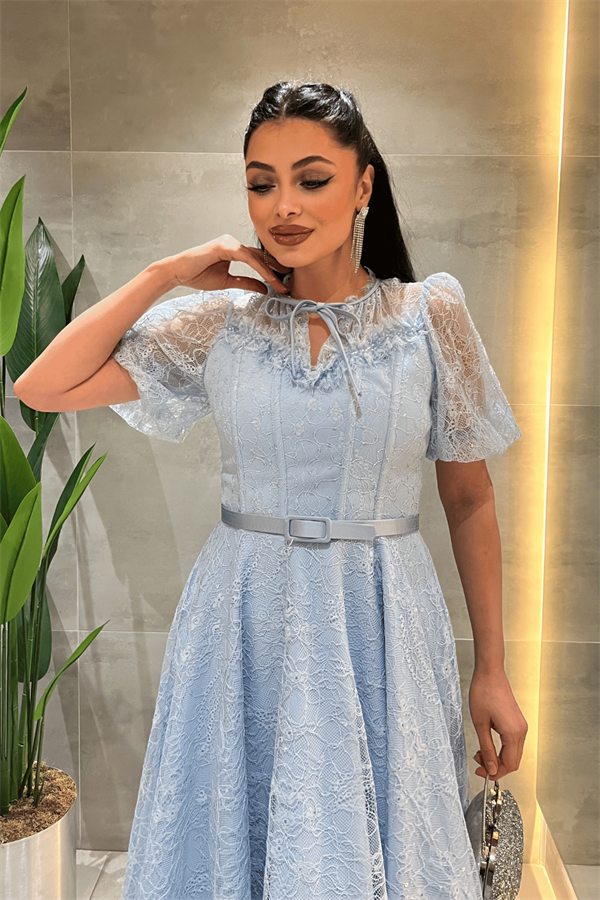 Ful Dantel Kumaş Balon Kol Midi Elbise - BEBE MAVİSİ