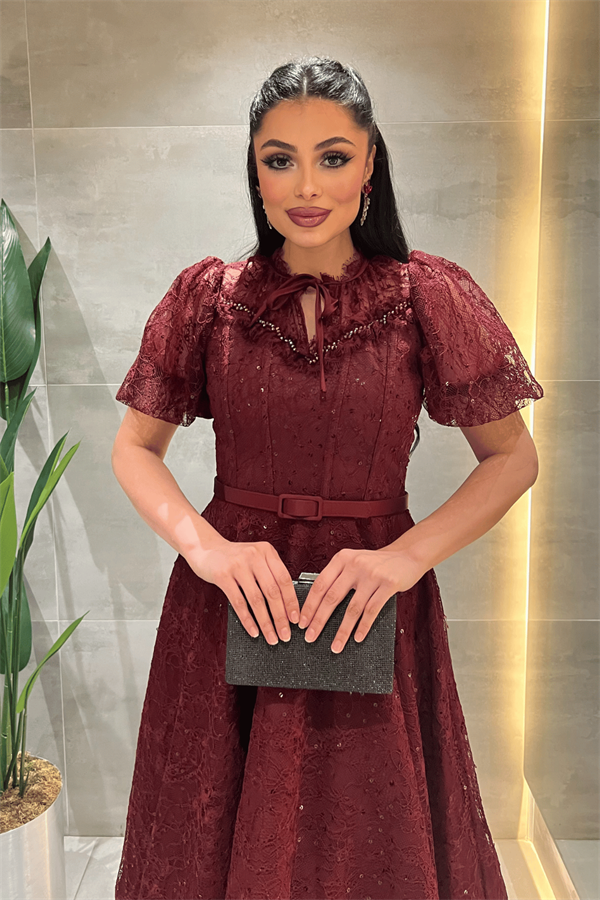 Ful Dantel Kumaş Balon Kol Midi Elbise - BORDO