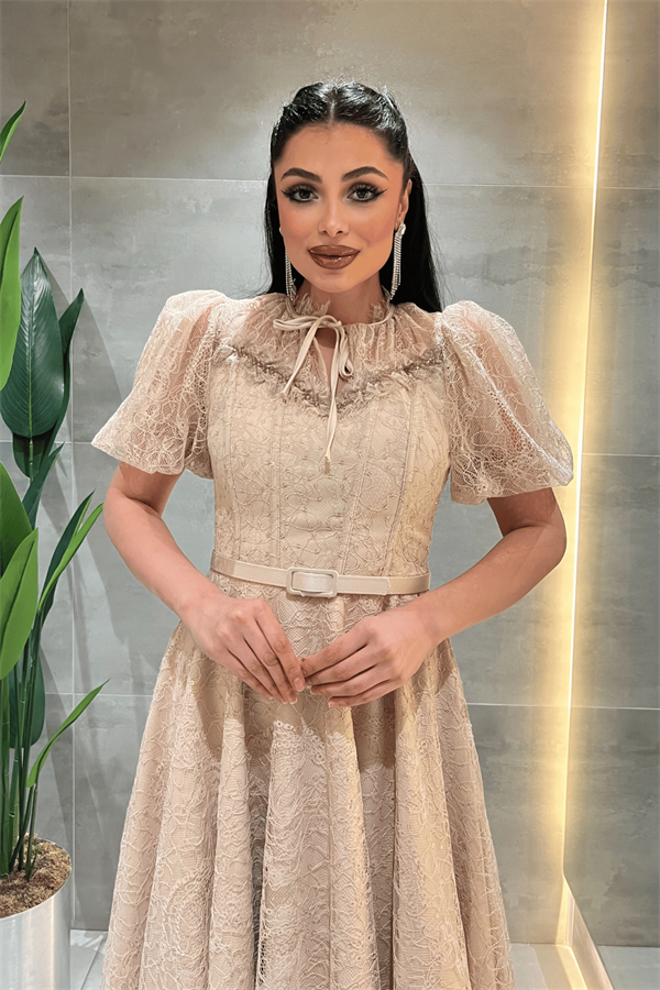 Ful Dantel Kumaş Balon Kol Midi Elbise - KREM