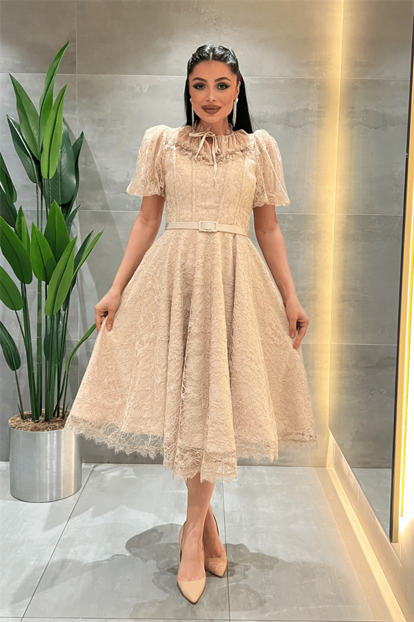Ful Dantel Kumaş Balon Kol Midi Elbise - KREM