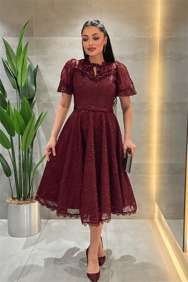 Ful Dantel Kumaş Balon Kol Midi Elbise - BORDO