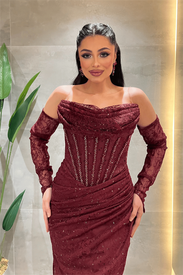 Ful Dantel Kumaş Boncuk Detaylı Kalem Elbise - BORDO