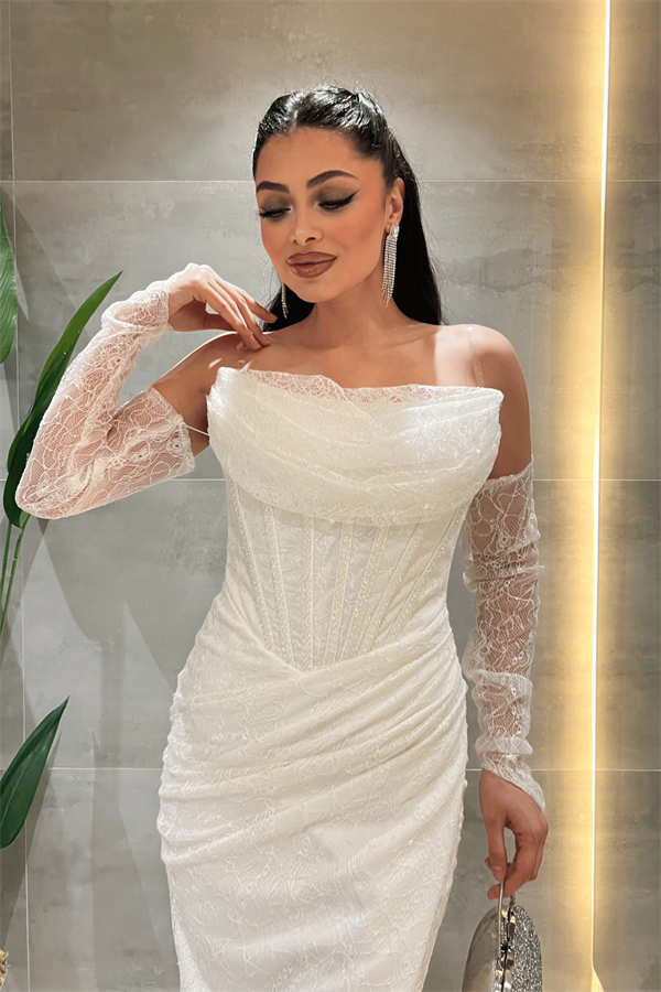 Ful Dantel Kumaş Boncuk Detaylı Kalem Elbise - BEYAZ