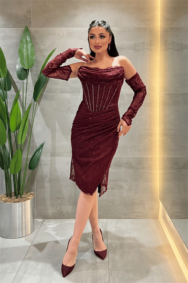 Ful Dantel Kumaş Boncuk Detaylı Kalem Elbise - BORDO