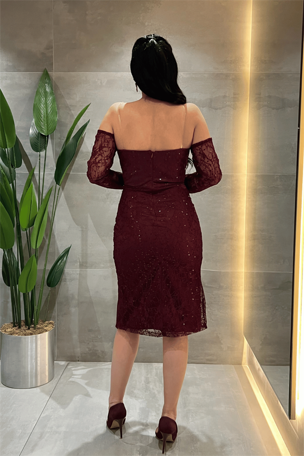 Ful Dantel Kumaş Boncuk Detaylı Kalem Elbise - BORDO