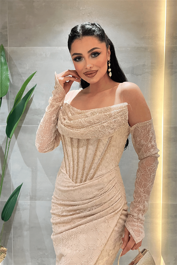 Ful Dantel Kumaş Boncuk Detaylı Kalem Elbise - KREM