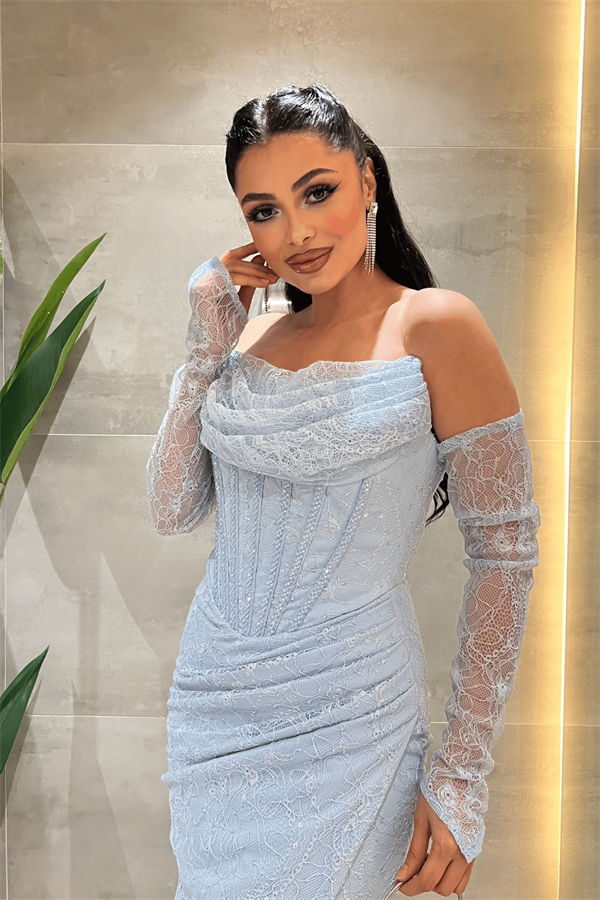 Ful Dantel Kumaş Boncuk Detaylı Kalem Elbise - BEBE MAVİSİ