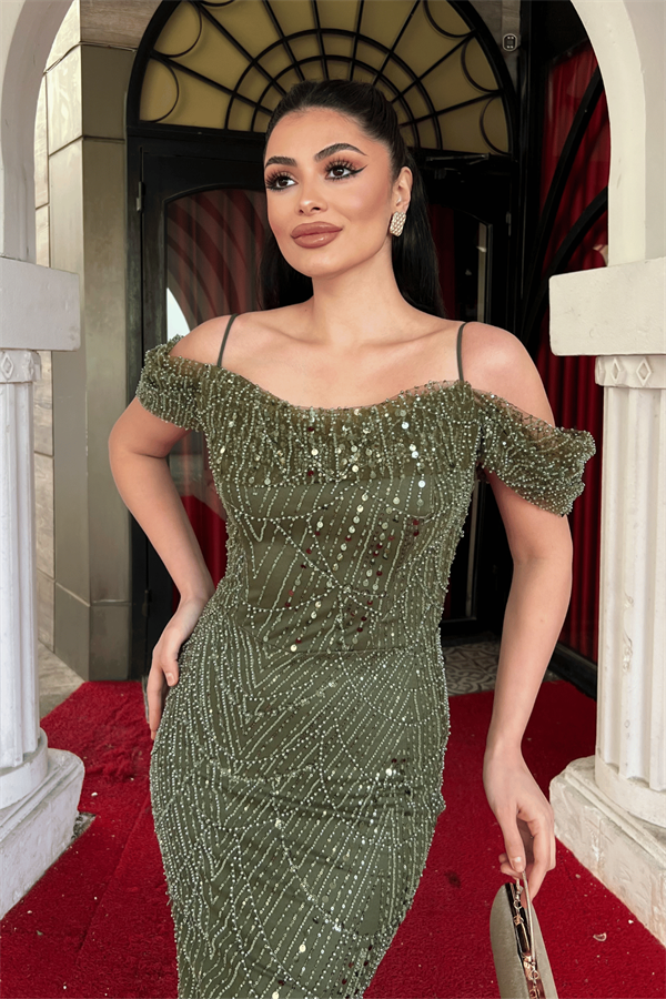 Full Boncuk Kumaş Kayık Yaka Balık Abiye Elbise - HAKİ YEŞİLİ